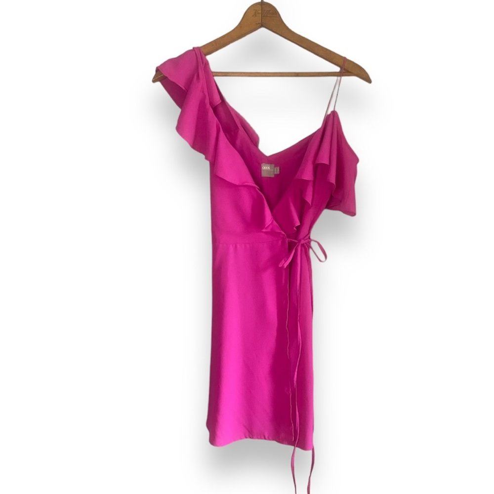 ASOS Pink Fuchsia Asymmetrical Ruffle Strap Sleeveless Wrap Mini Dress